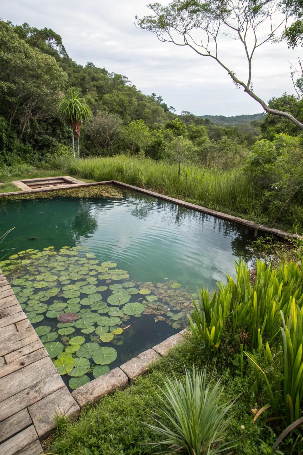 A peaceful natural pool purified by a drifting marsh setup.