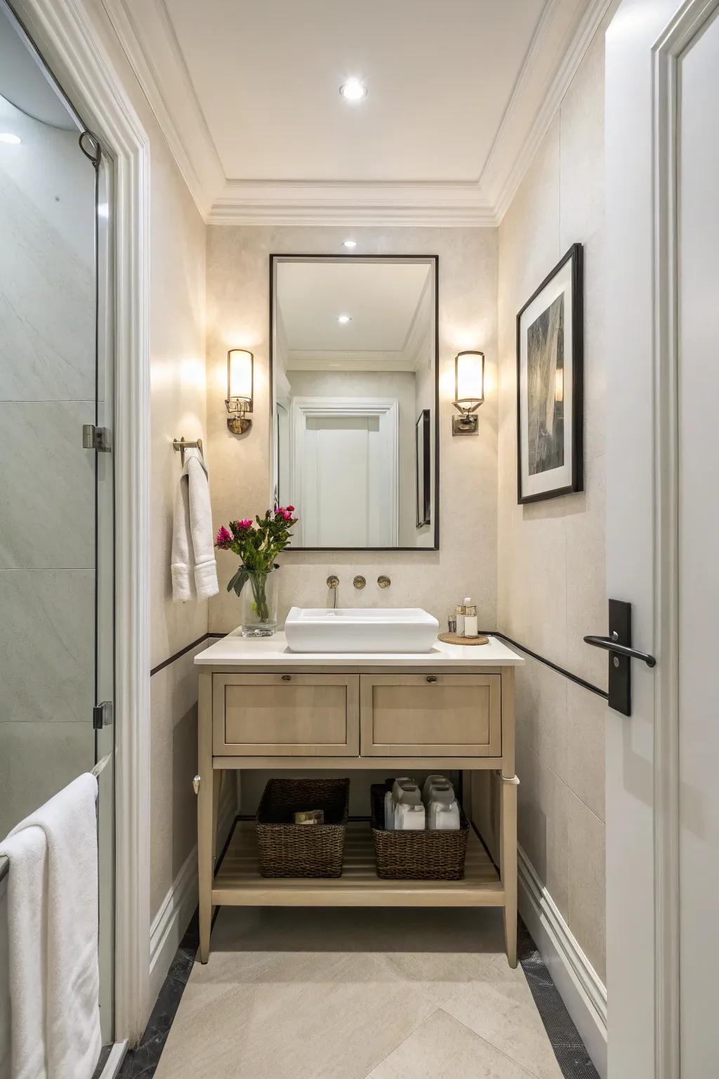 Open-bottom vanities give the look of more room.