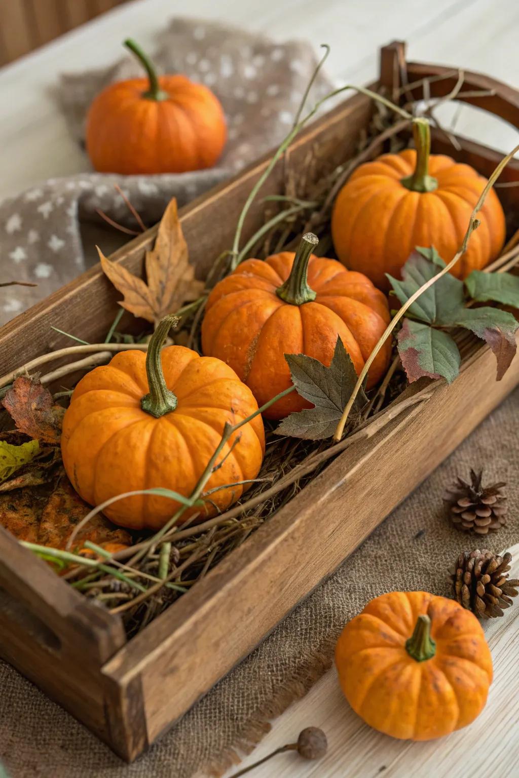 Pumpkins with natural accents display the beautiful allure of autumn.