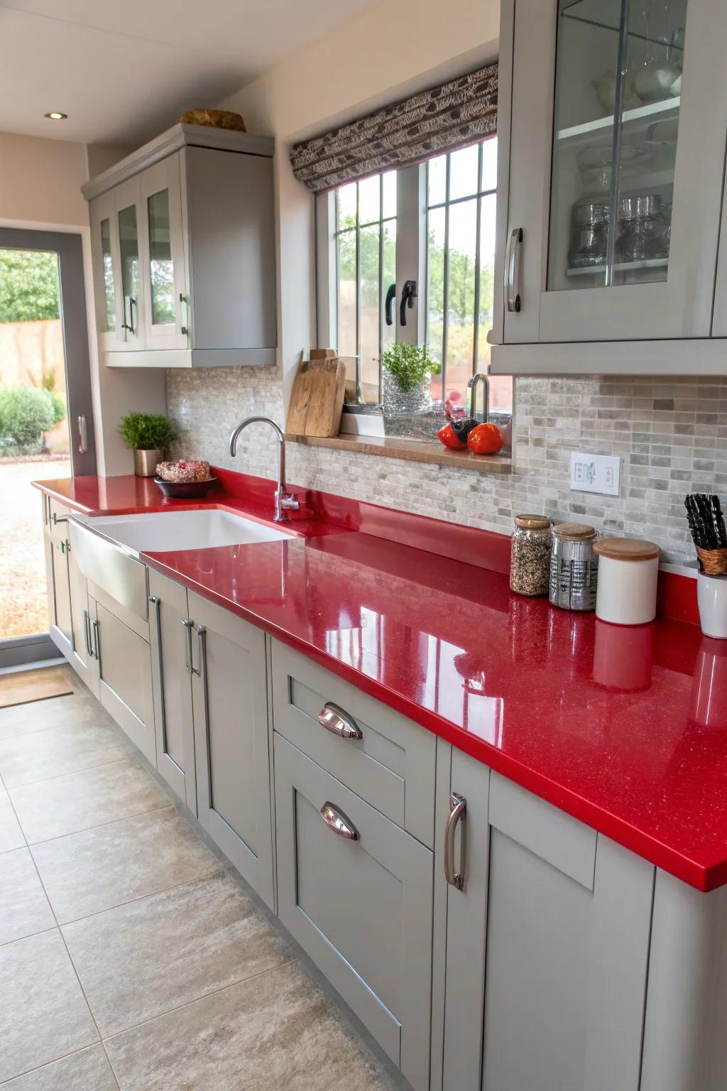 Daring crimson worktop paired with grey cabinetry for a modern look.