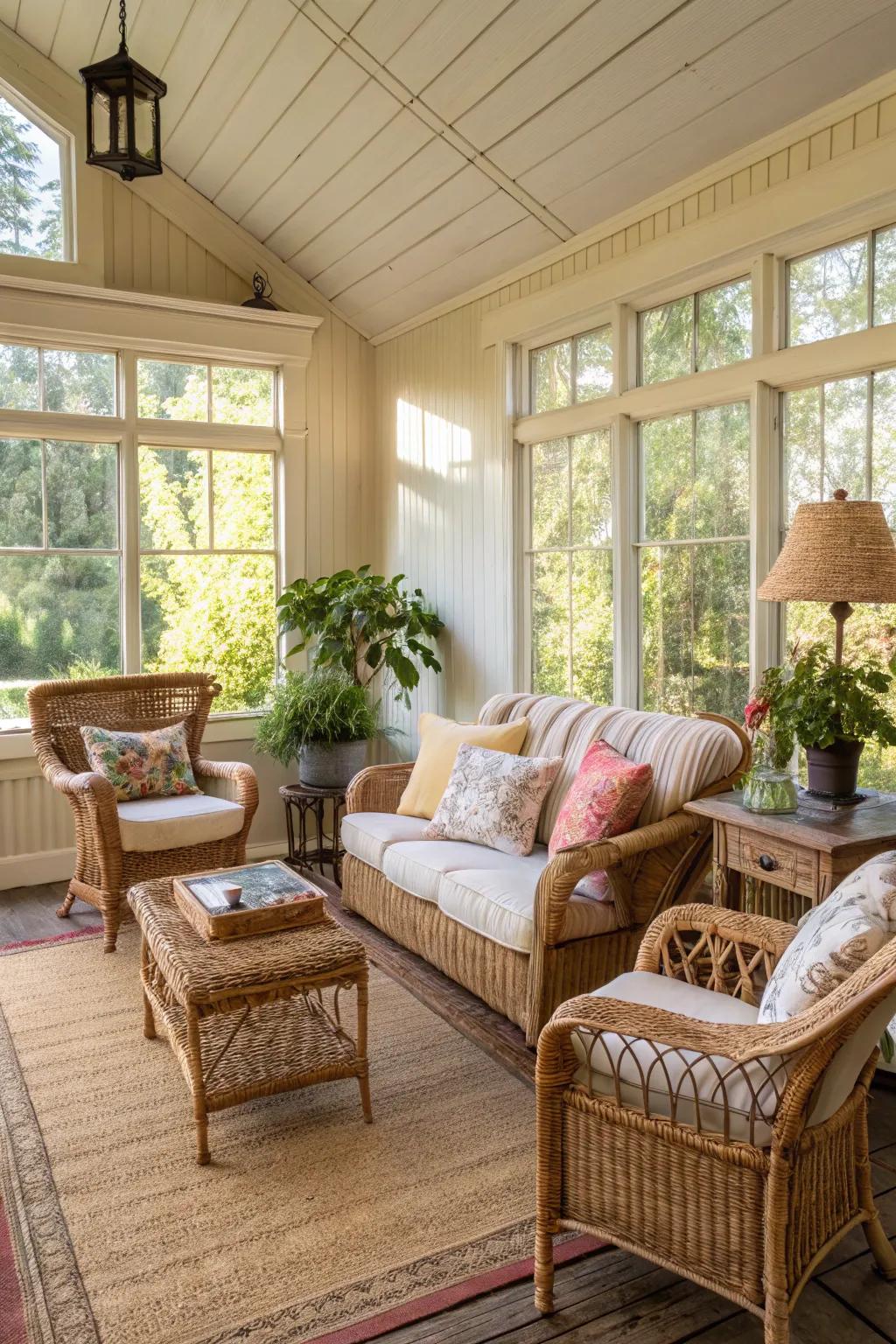 Rattan furnishings add a hint of rustic comfort to this glass room.