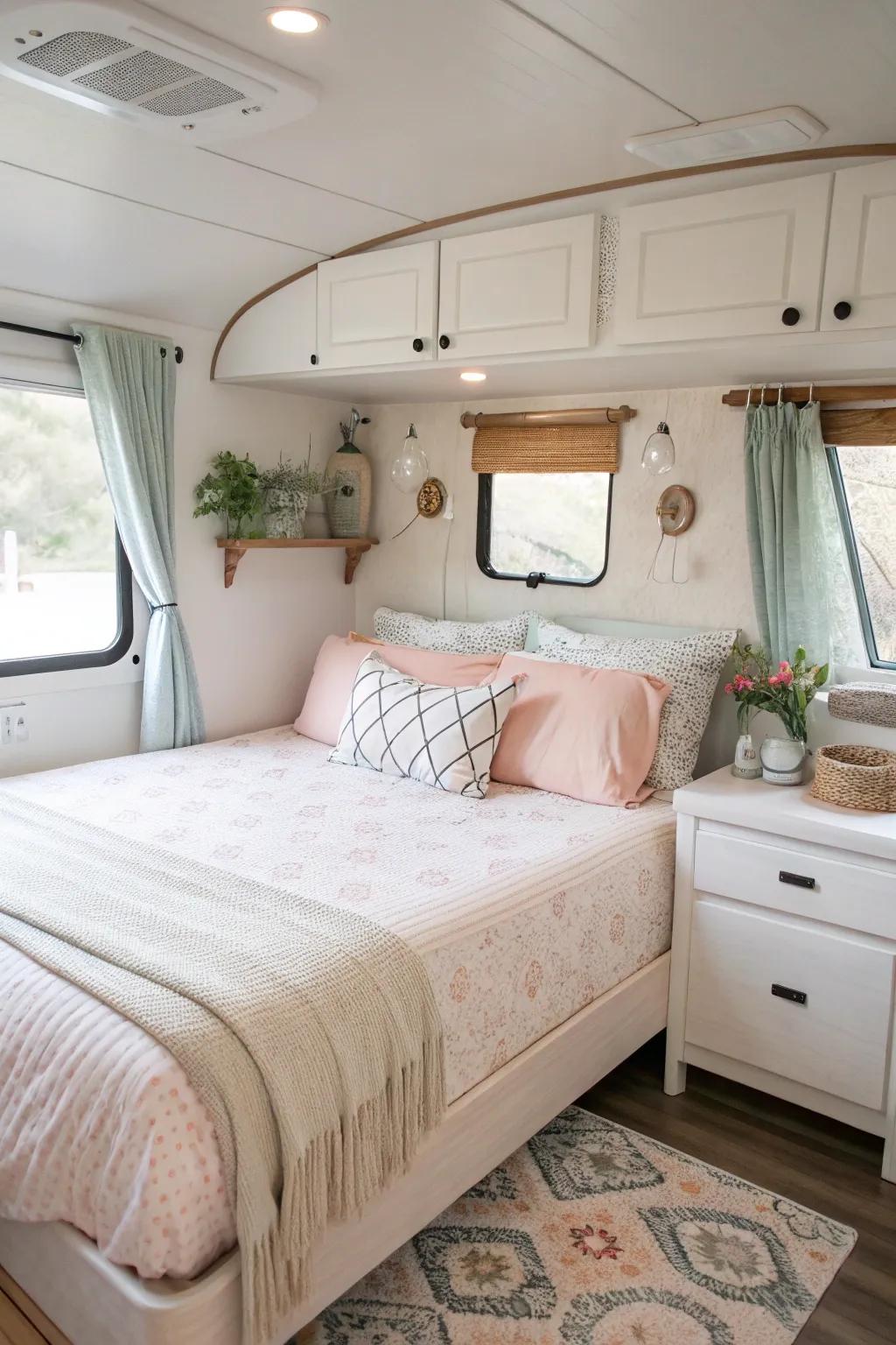 A light color palette expands the sense of space in a small RV bedroom.