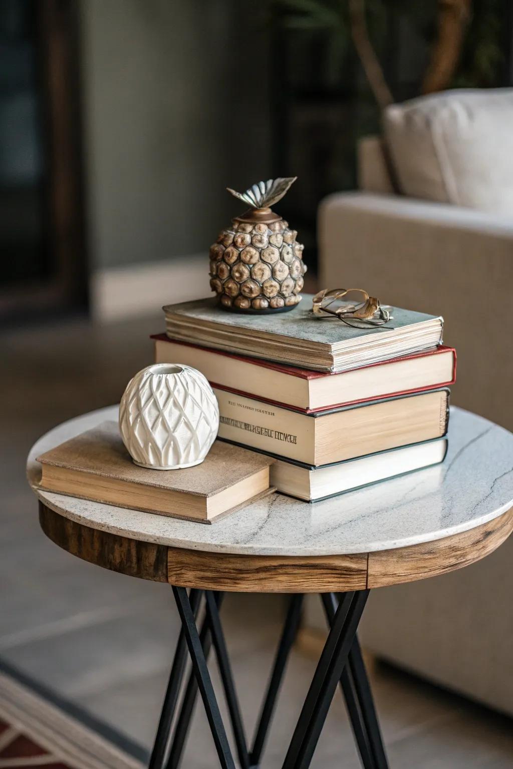 Piled books on an accent table add character and lift.