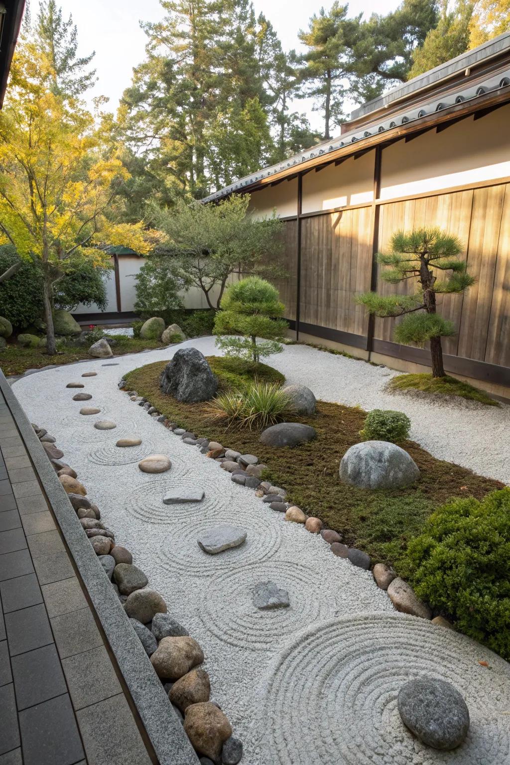 A serene Peaceful garden showcasing petite rocks and a calming arrangement.
