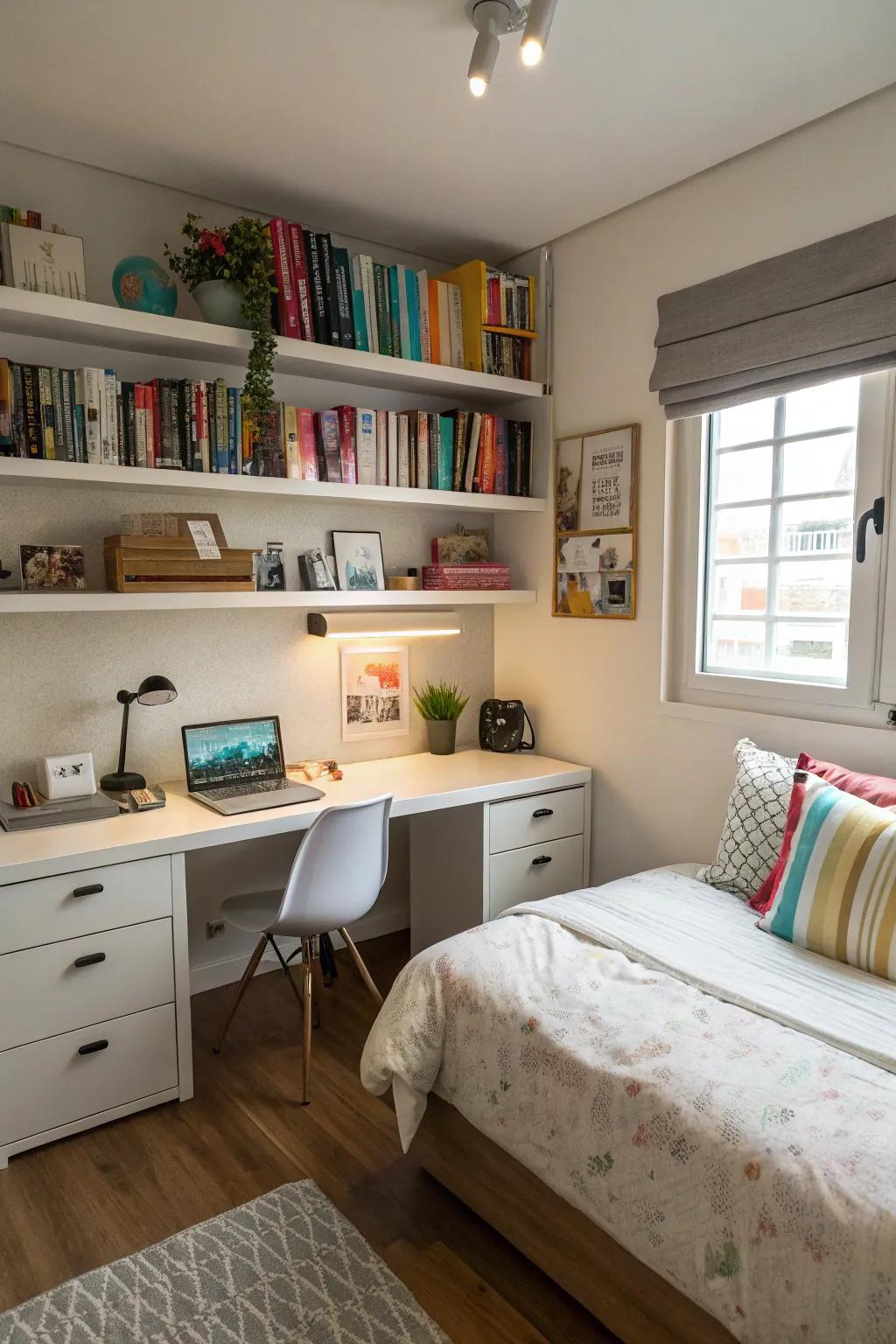 Wall-mounted shelves provide stylish storage options without using floor space.