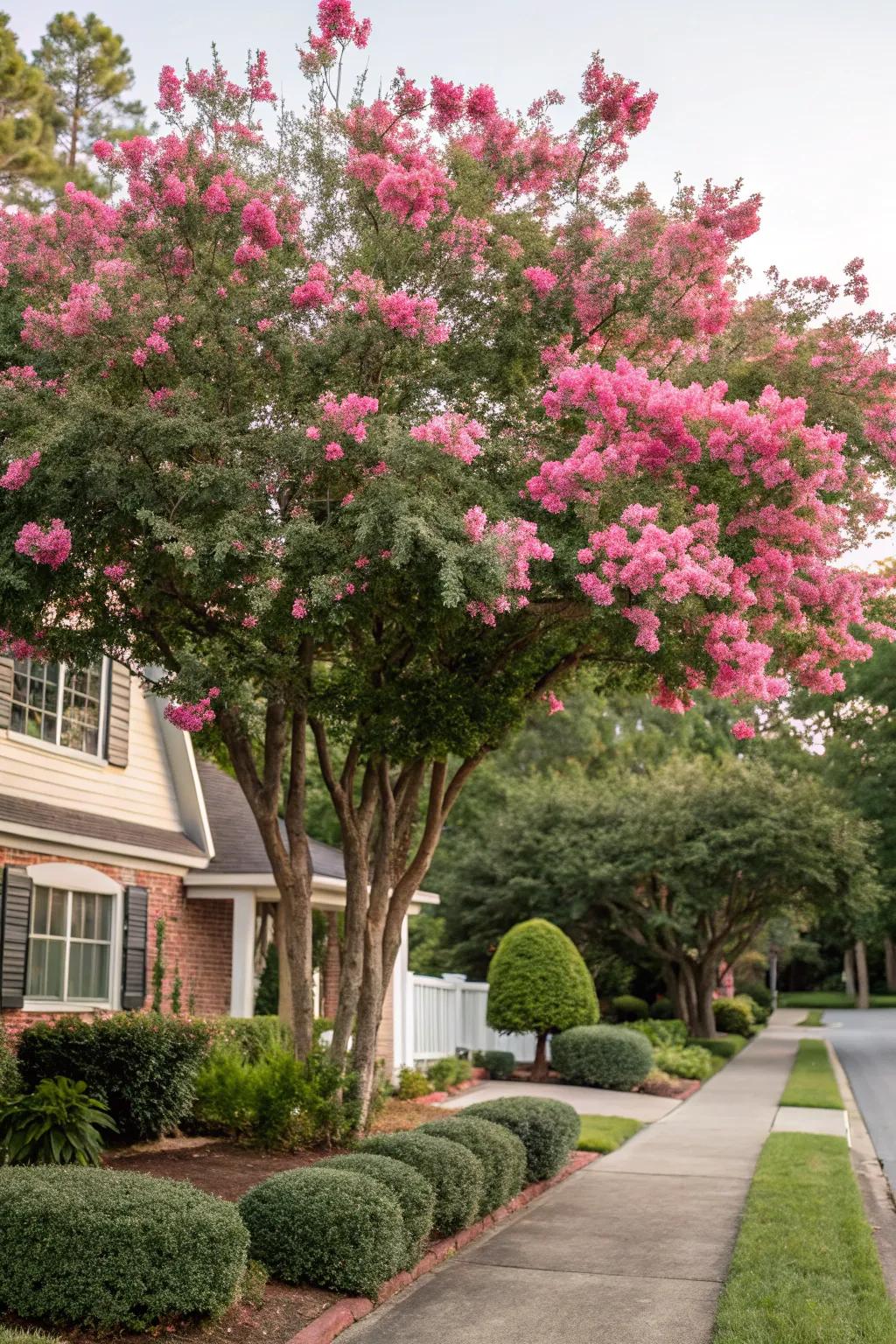 Smooth bark crape myrtle presenting vibrant summer hues to a front yard.