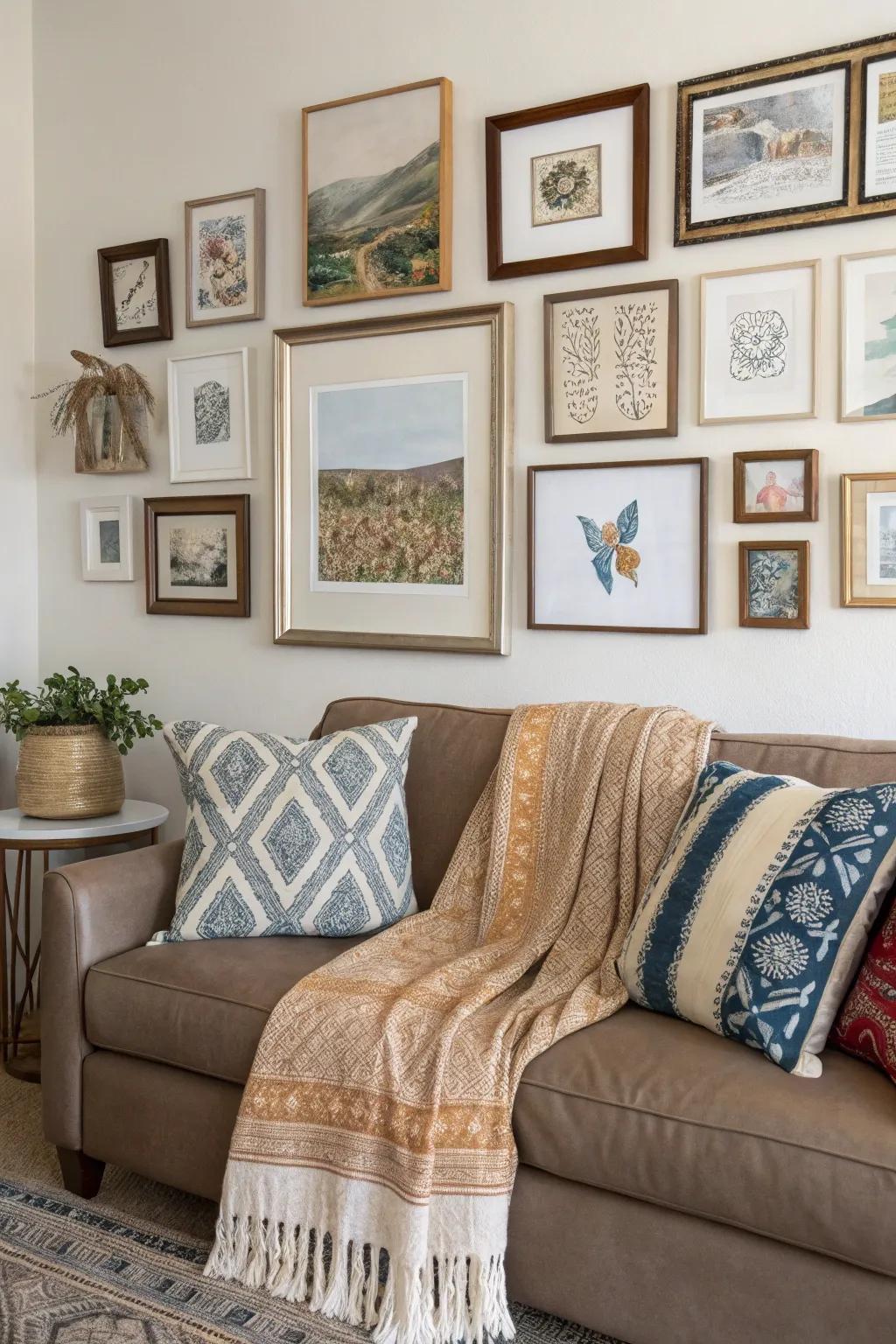 An inviting living room wall showcasing artistically layered elements.