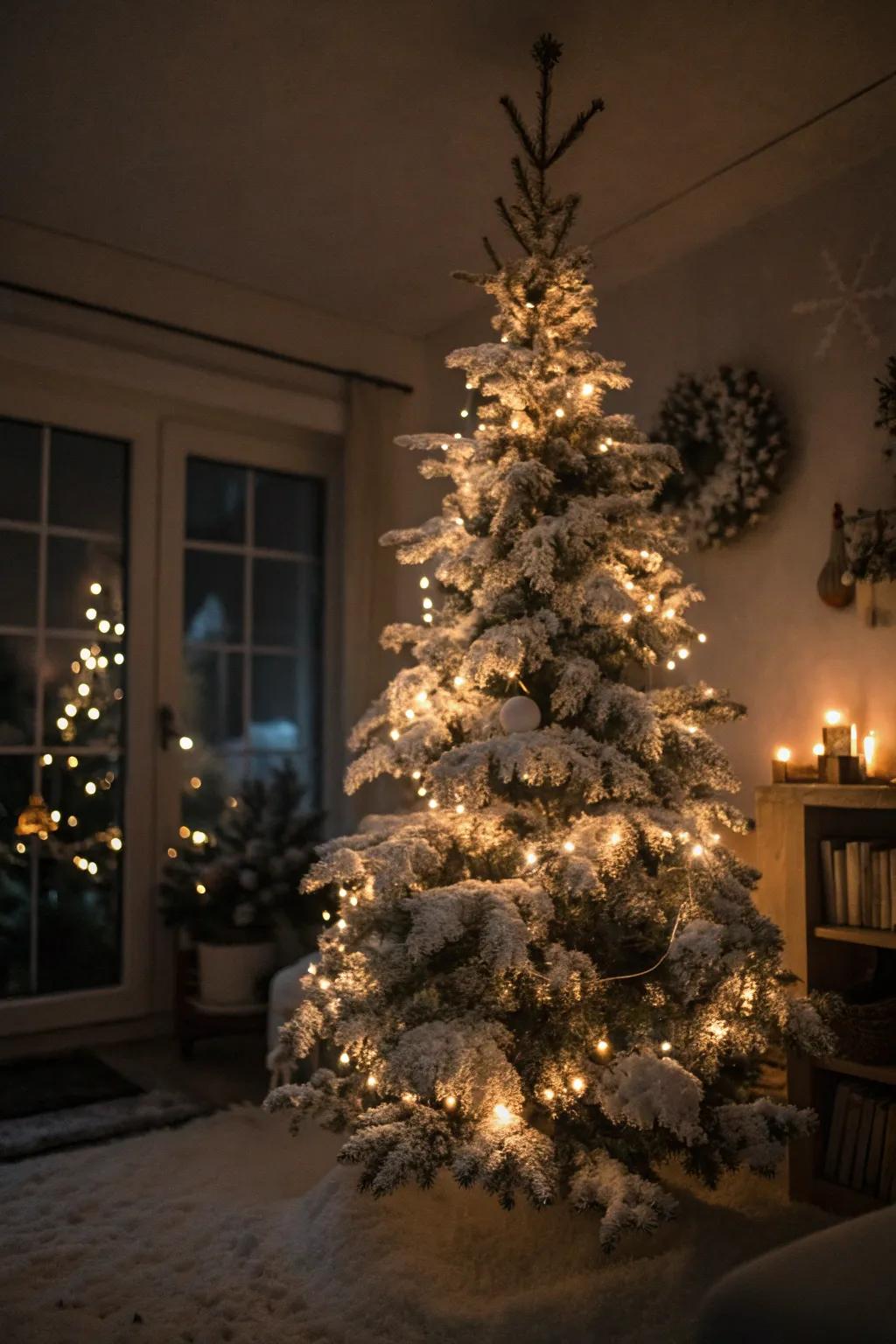 Dazzling lights spreading a warm radiance on a snowy Christmas tree.