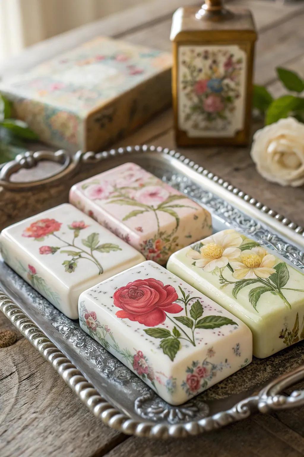 Elegant soaps featuring paper cutout flower patterns, ideal for a vintage detail.