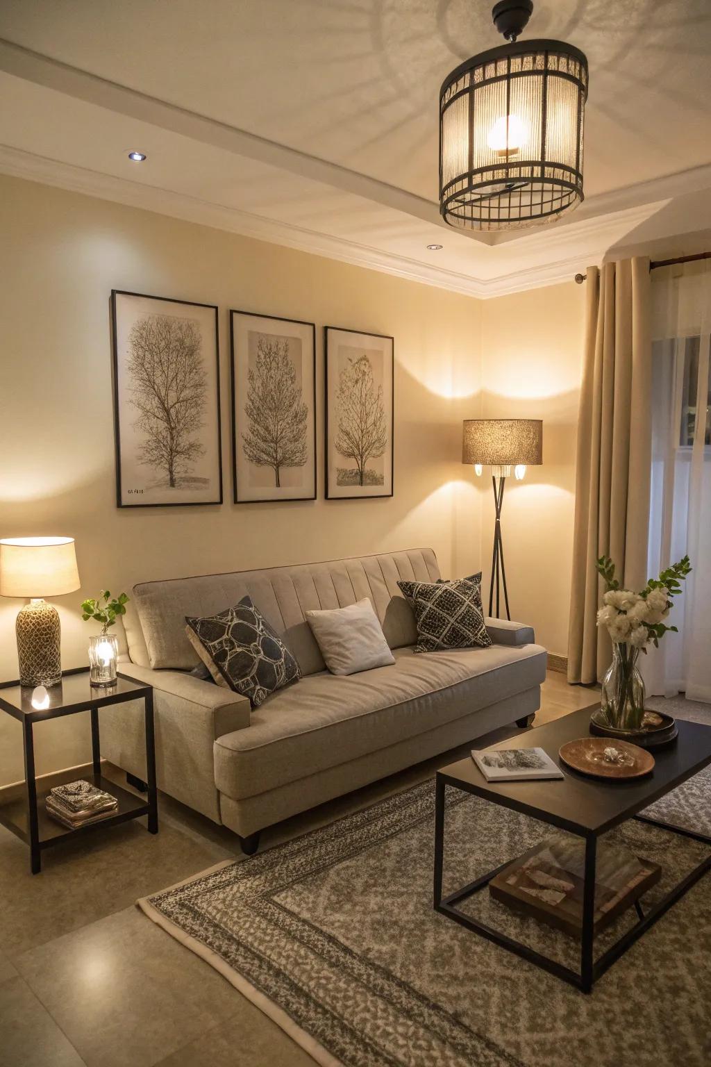 A stylish sofa bed in a compact living room is great for hosting visitors.