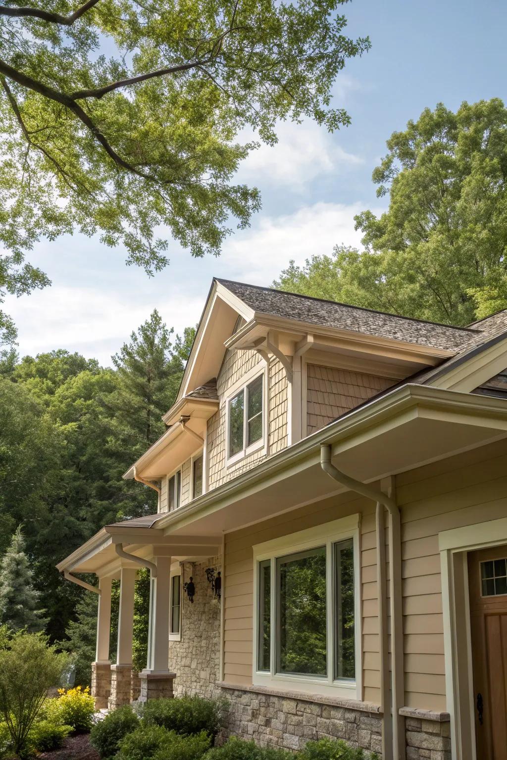 Earthy beige soffit and fascia provide a warm, inviting appeal.
