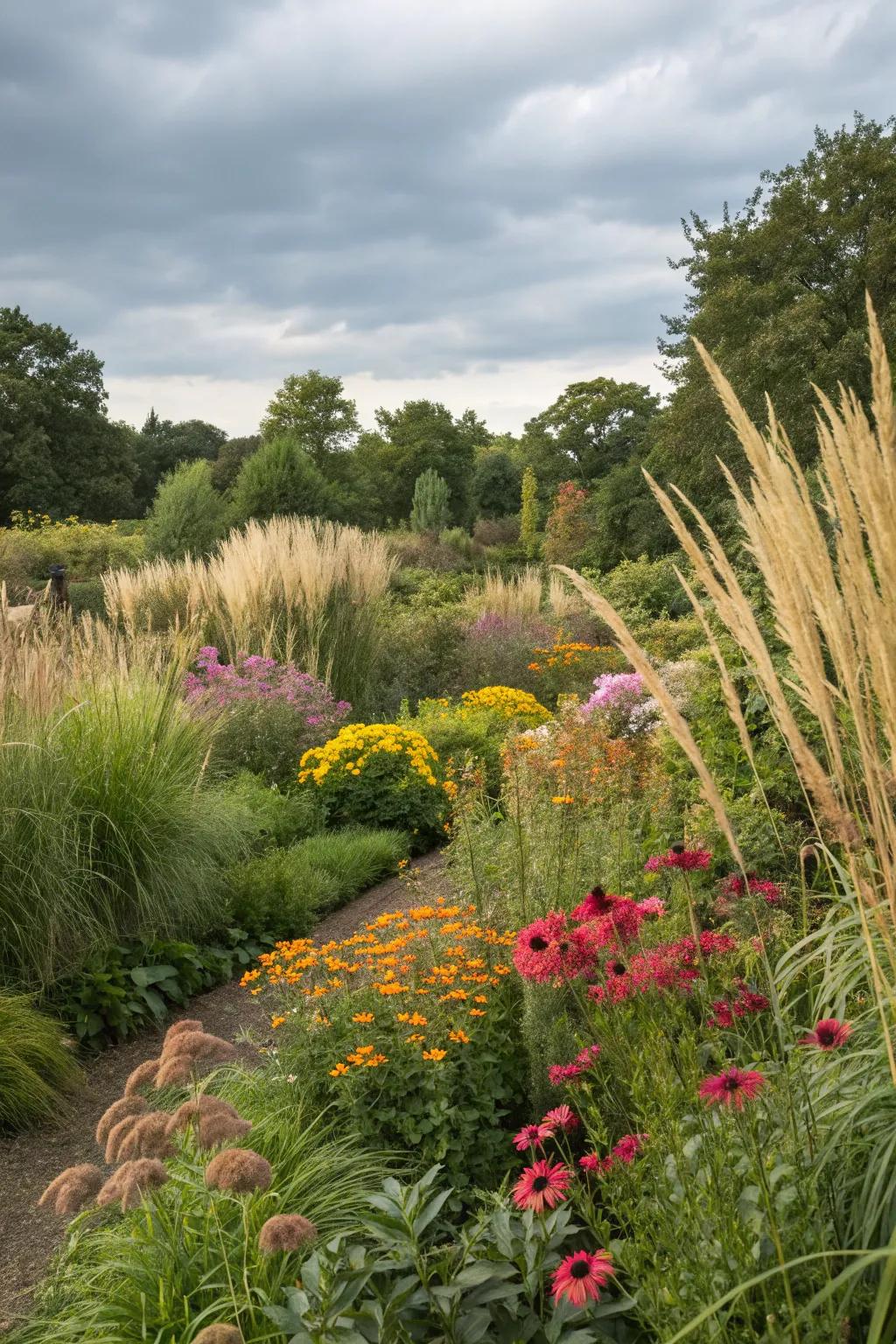 Varied plant compositions featuring tall grasses and vibrant flowers.