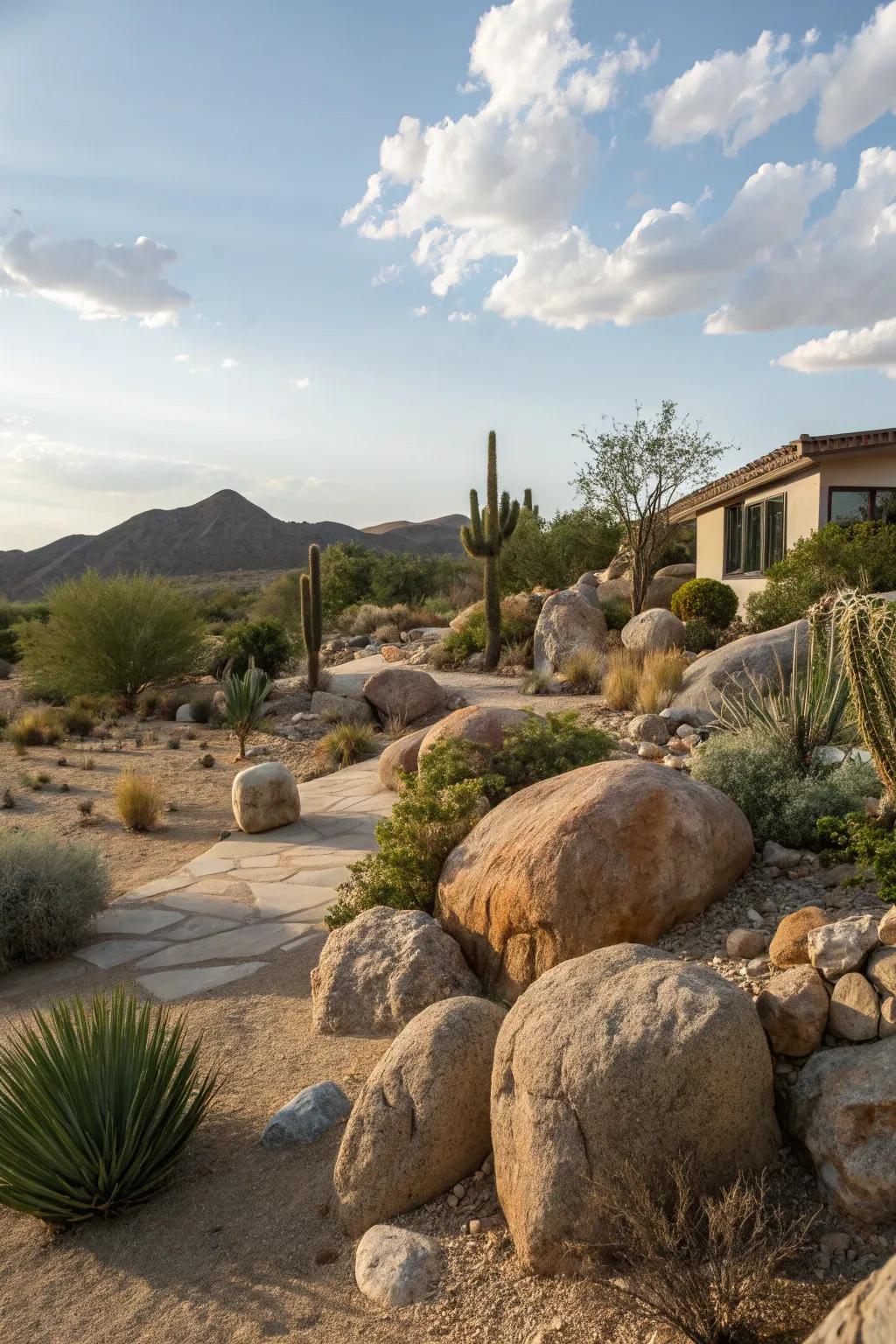 Native stone decorations adding rough beauty to the garden.