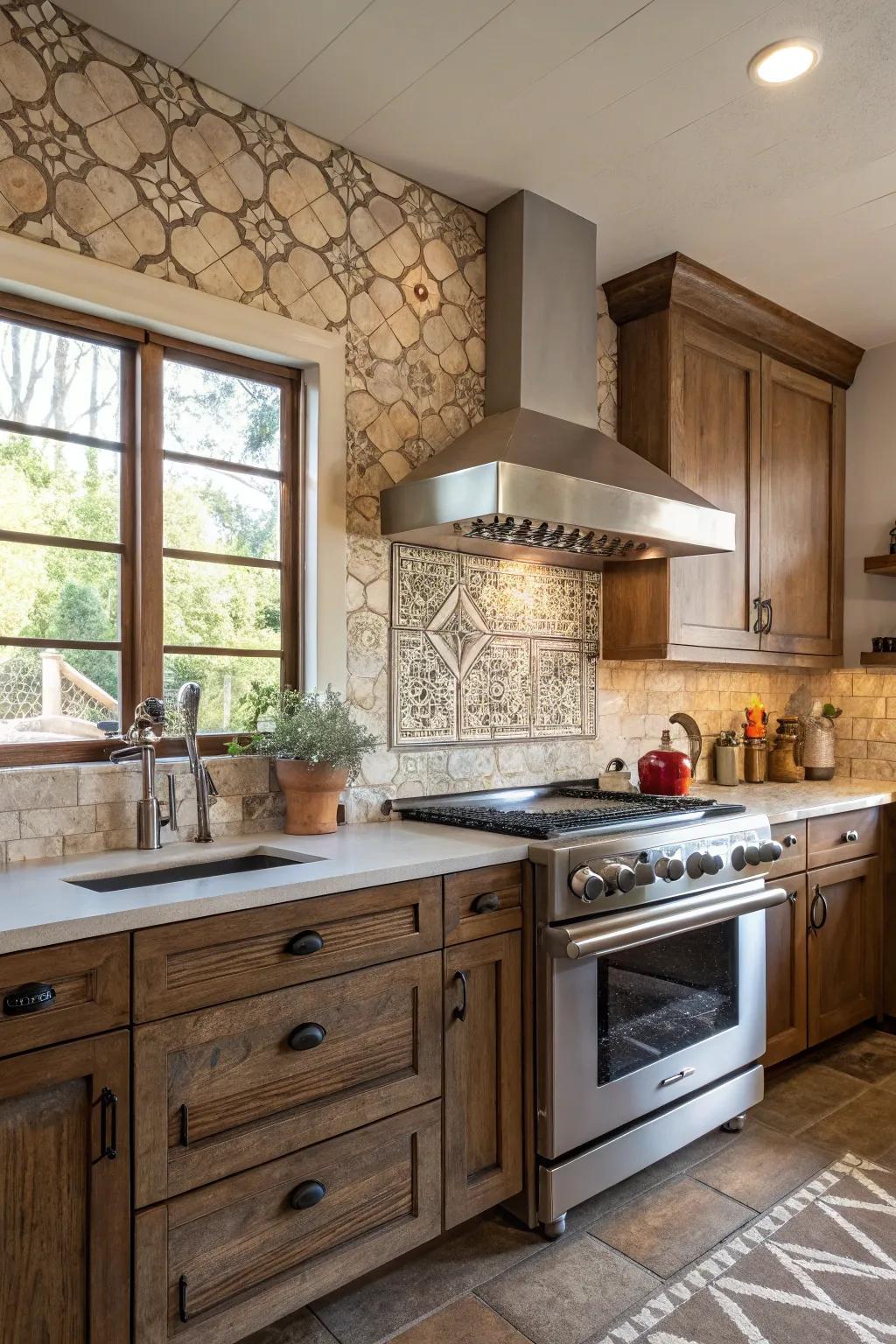 A countryside tile backsplash juxtaposed with contemporary kitchen components.
