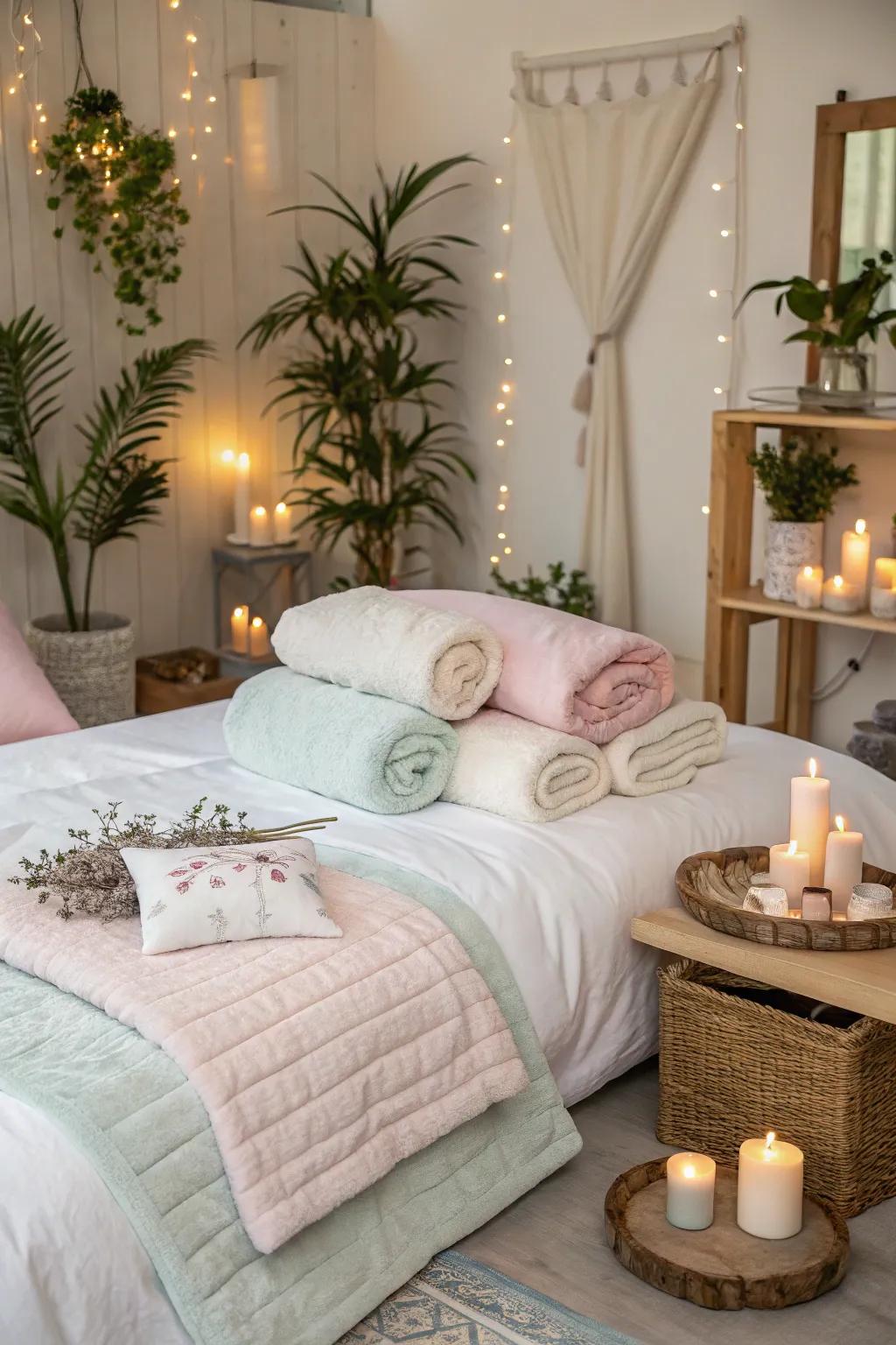 Cloud-like pillows and delicate blankets fashion a dreamy spa sleepover setting.