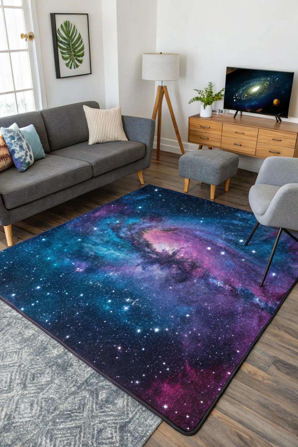 Entering space with a galaxy-inspired rug, anchoring the room with style.