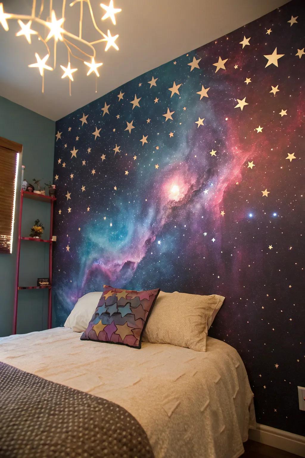 A galaxy mural serving as an inspiring and dramatic backdrop.