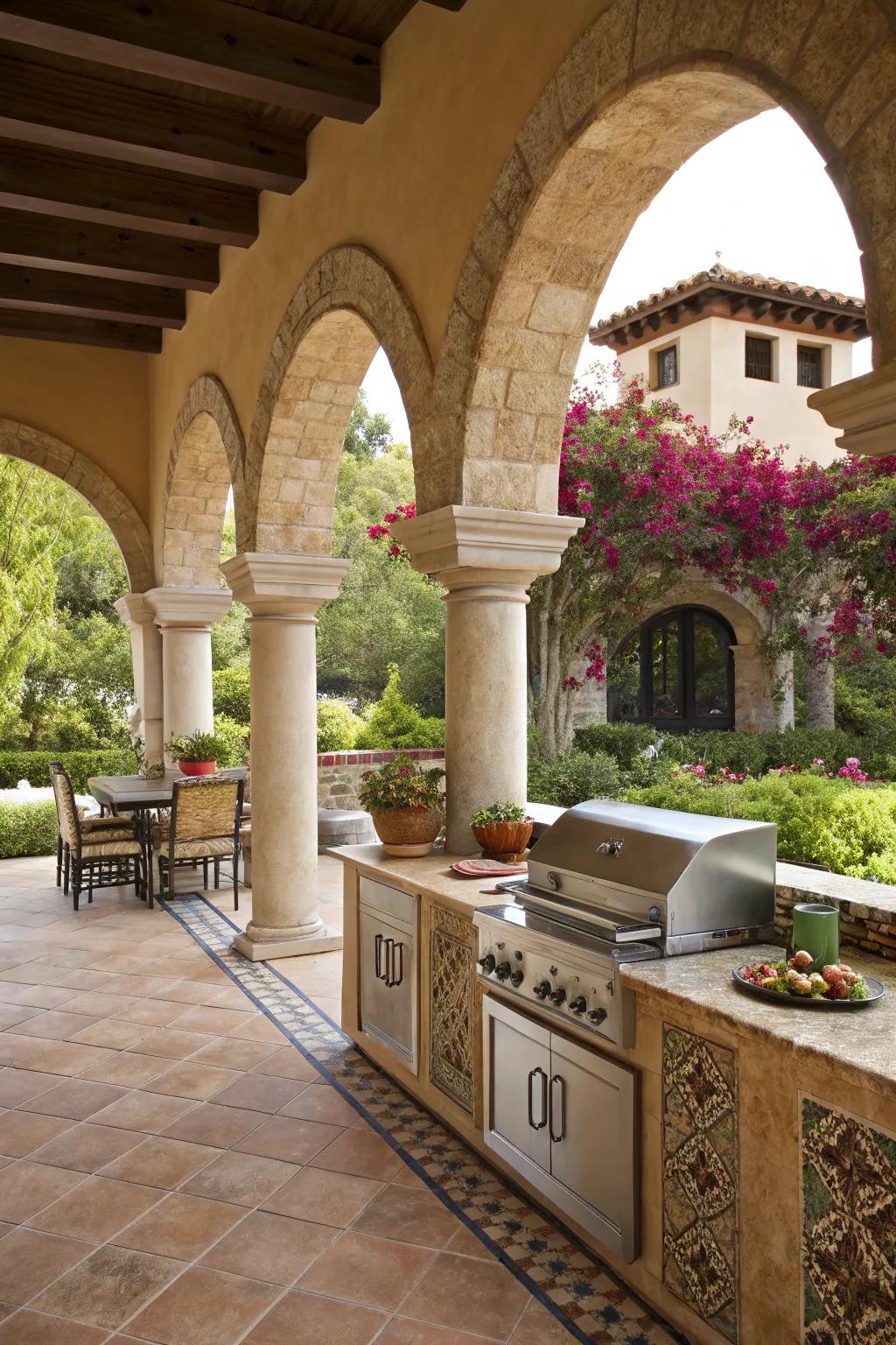 Elegant arches and pillars impart a timeless Spanish appeal to this outdoor cooking area.