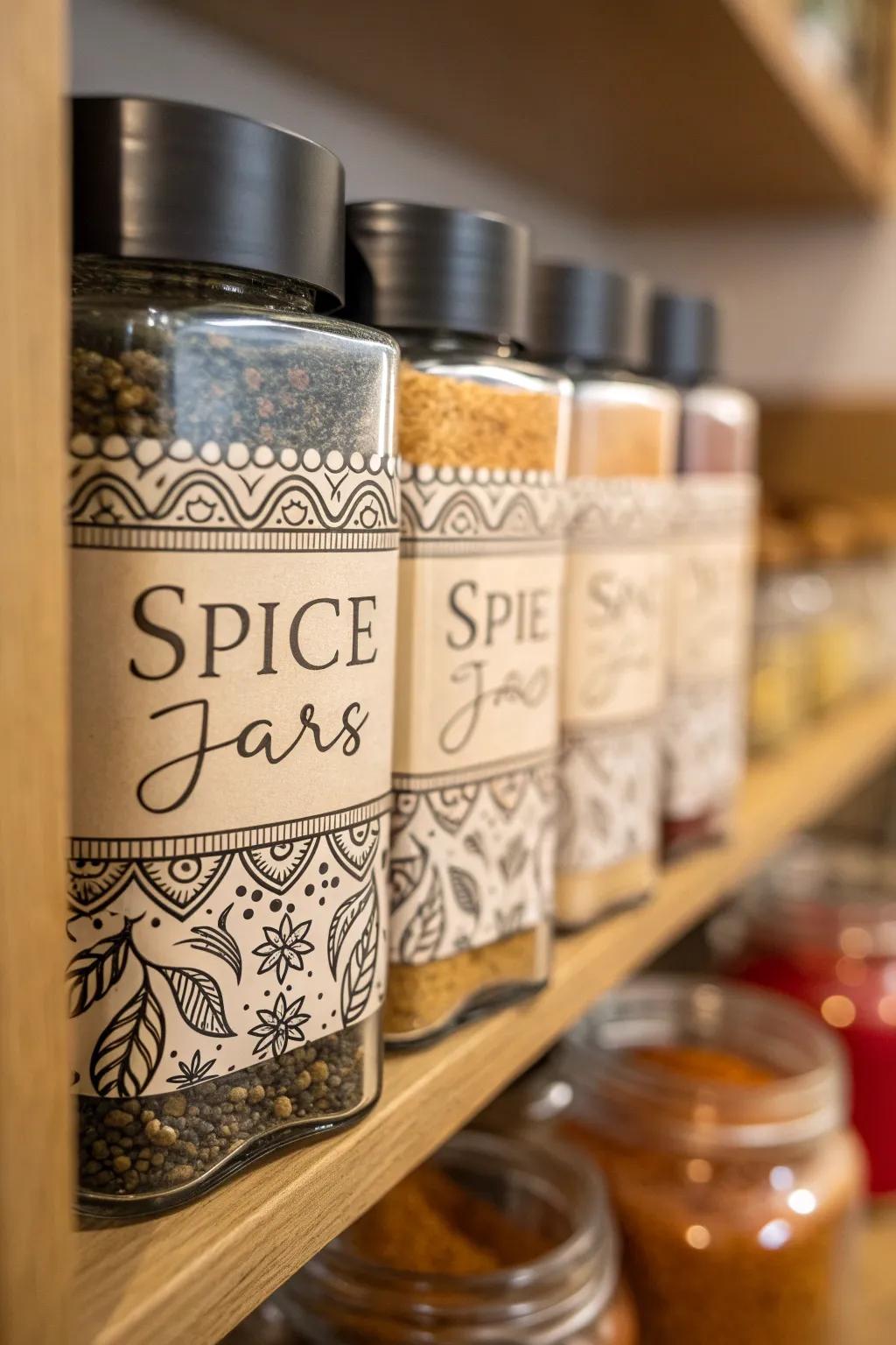 Personalized labeled spice vessels for quick identification.