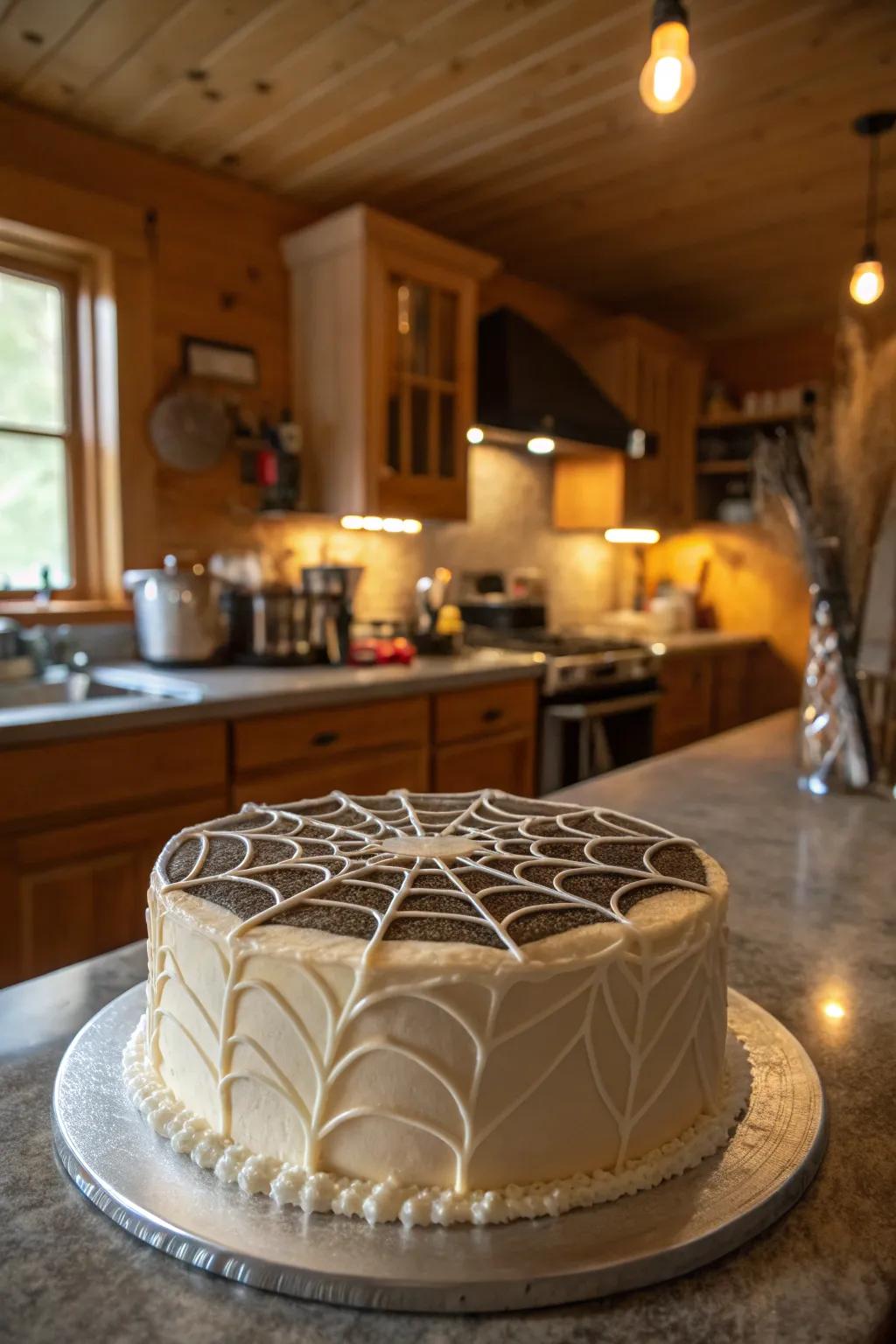 A cake embellished with an exquisite spider web design.
