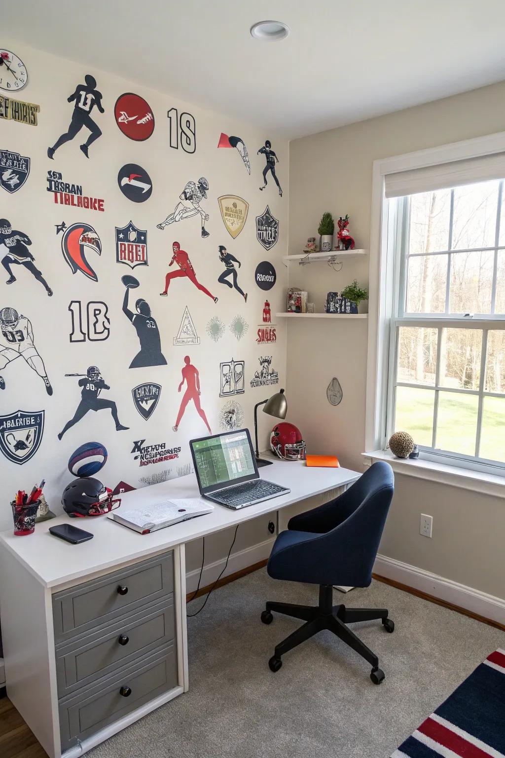 A sports-themed accent wall can create a striking declaration.
