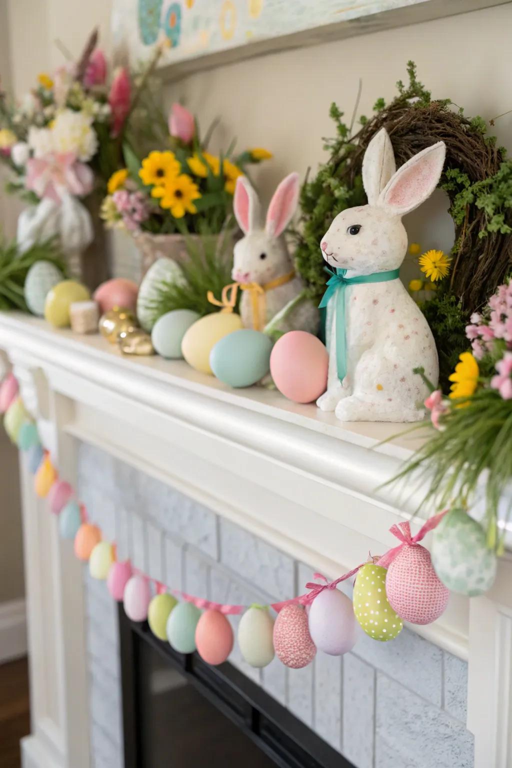 Charming bunny figures bring Easter joy to the mantel.