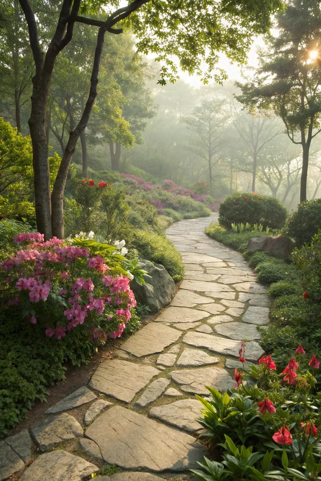 A rustic stone walkway meanders through a lush garden, inviting you to explore.