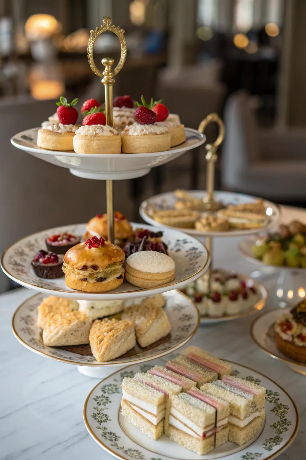Refined tiered displays add grandeur to your tea party presentation.