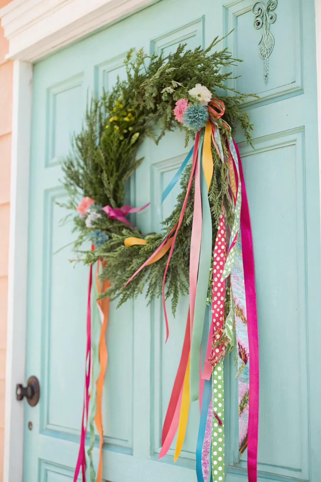 Ribbons lending a whimsical charm to your spring wreath.