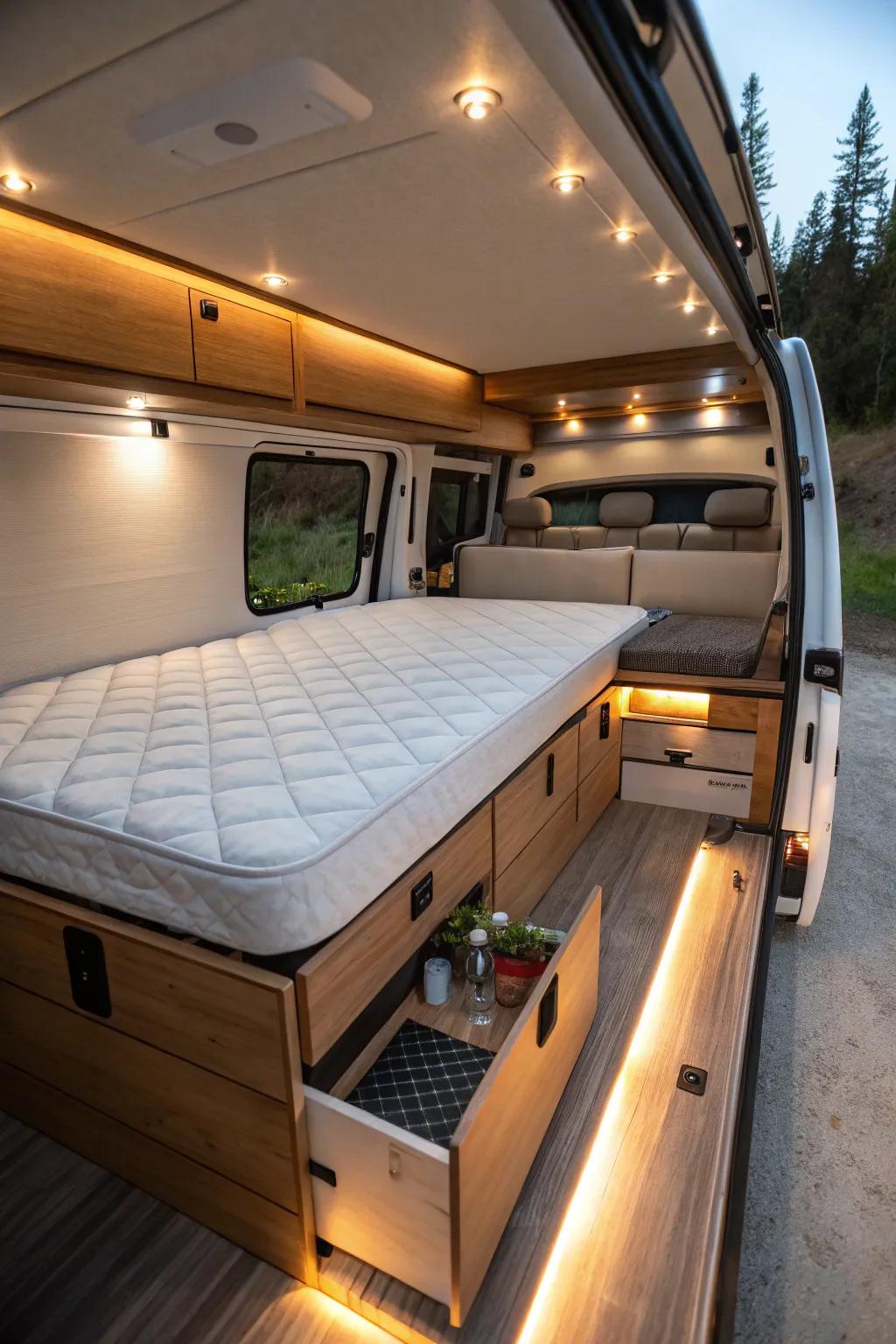 A snug and practical sleeping nook.