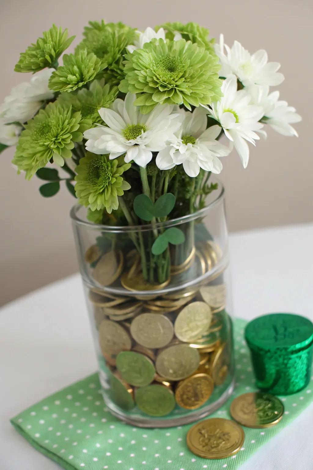 A gilded doubloon container contributes a shimmer to your celebrations.