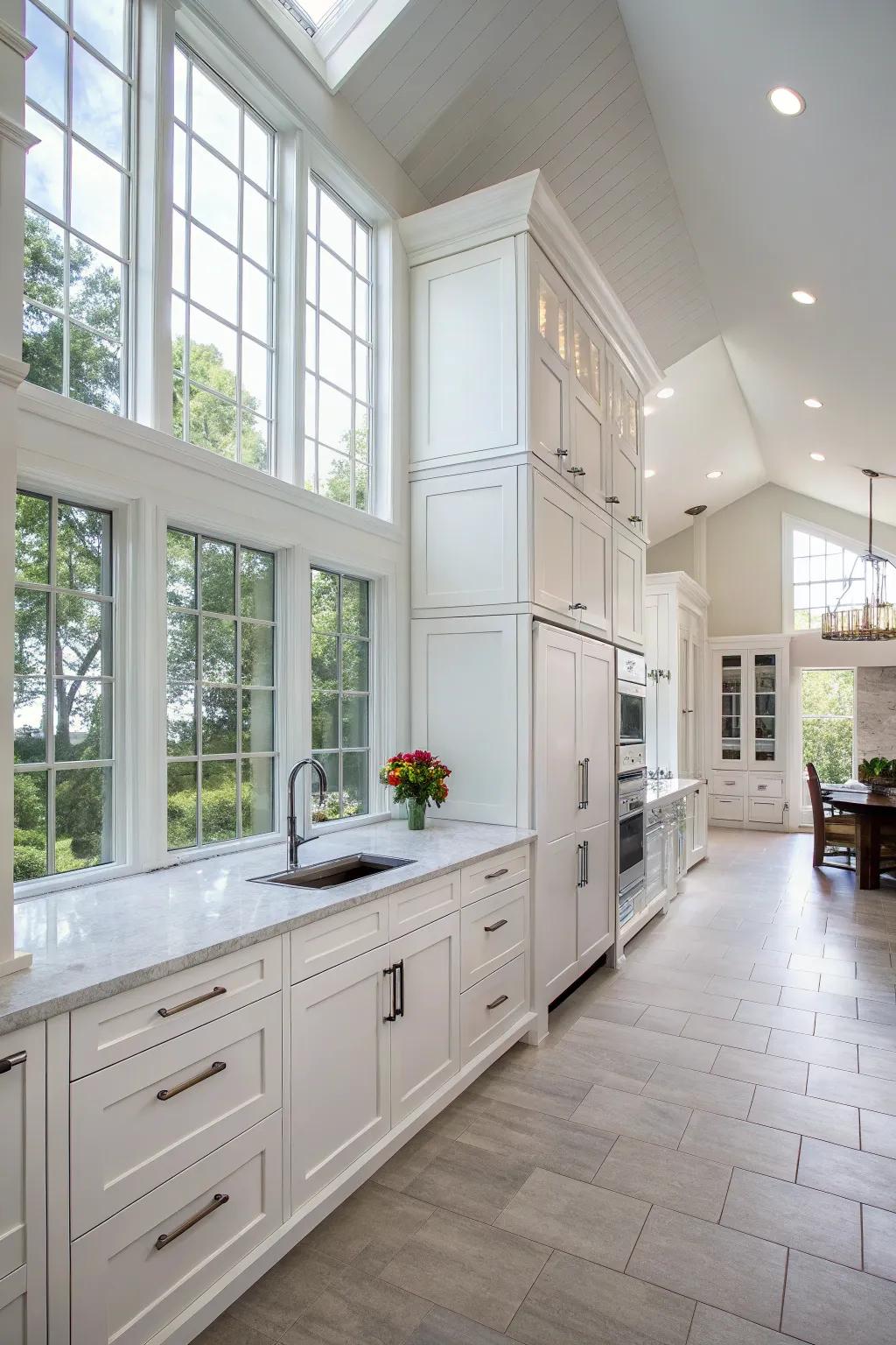Off-white cabinets enhance natural light, fashioning a luminous and inviting kitchen setting.