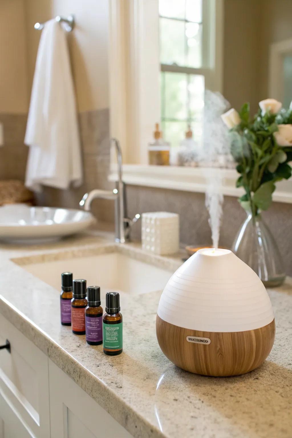 A diffuser emitting fragrant oils offers a peaceful aroma inside the restroom.