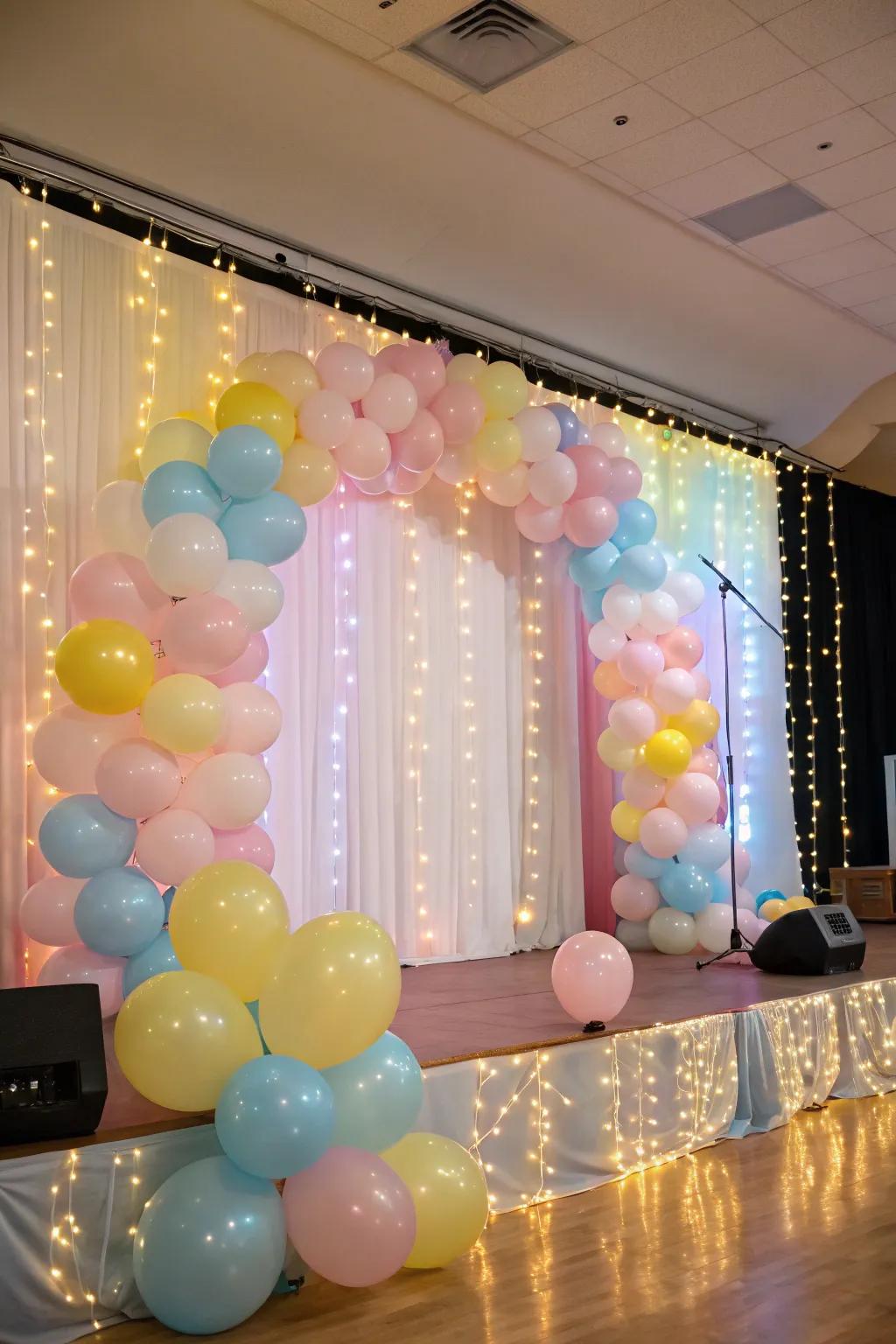 A dreamlike setting with pastel balloons and shimmering pixie lights.