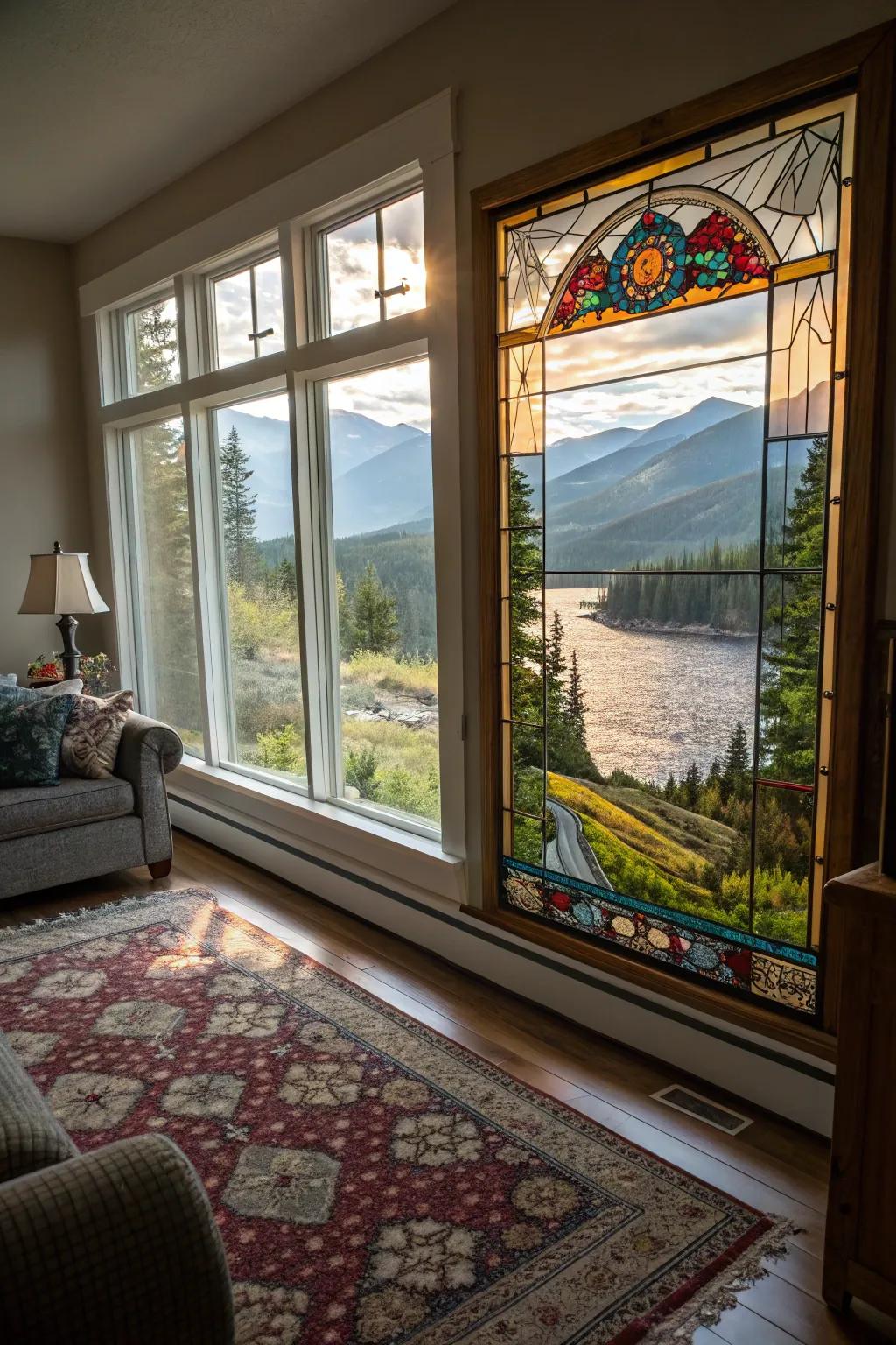 A scenic landscape in stained glass invites tranquility into your living space.