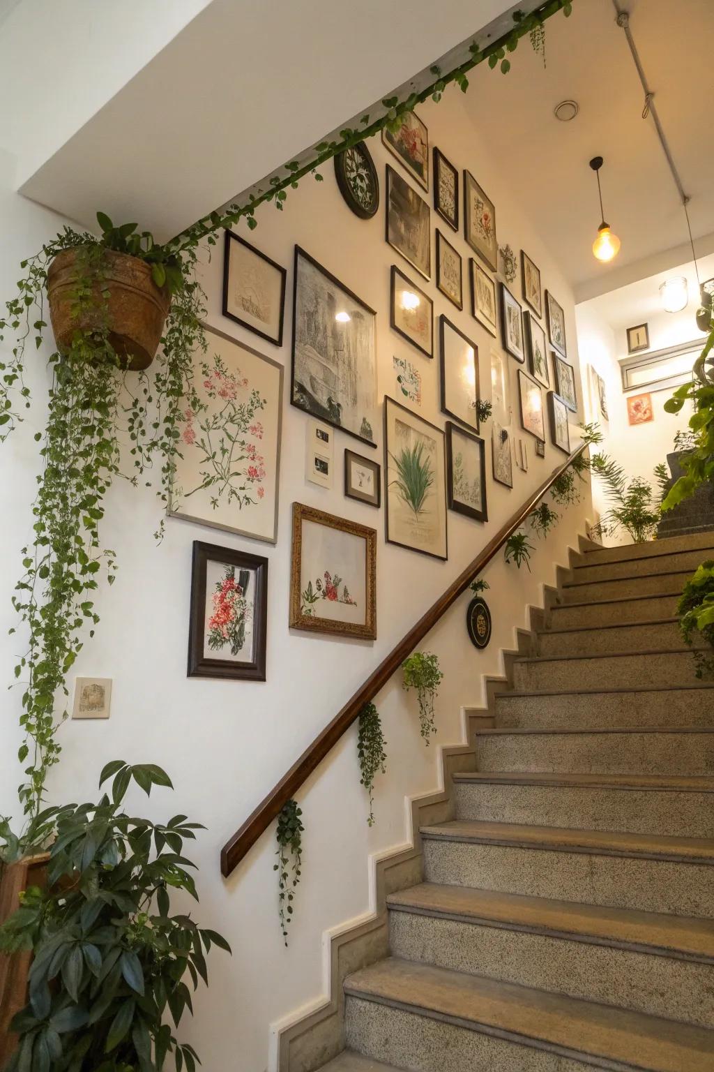 Petite hanging plants bring an animated touch to the stairway gallery wall.