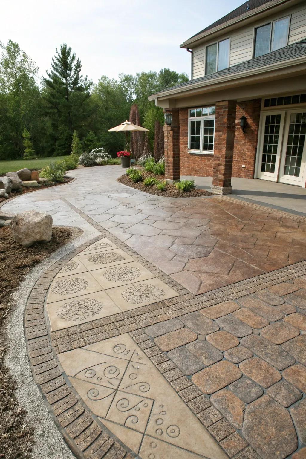 A textured and patterned stamped concrete patio delivering visual appeal.