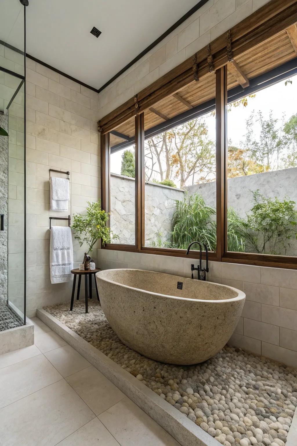A bathroom featuring a standalone stone soaking tub with a minimalist decorative approach.