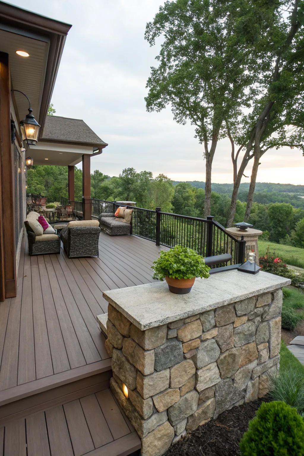 An elevated deck refined with rock trim, delivering a neat and accomplished appearance.