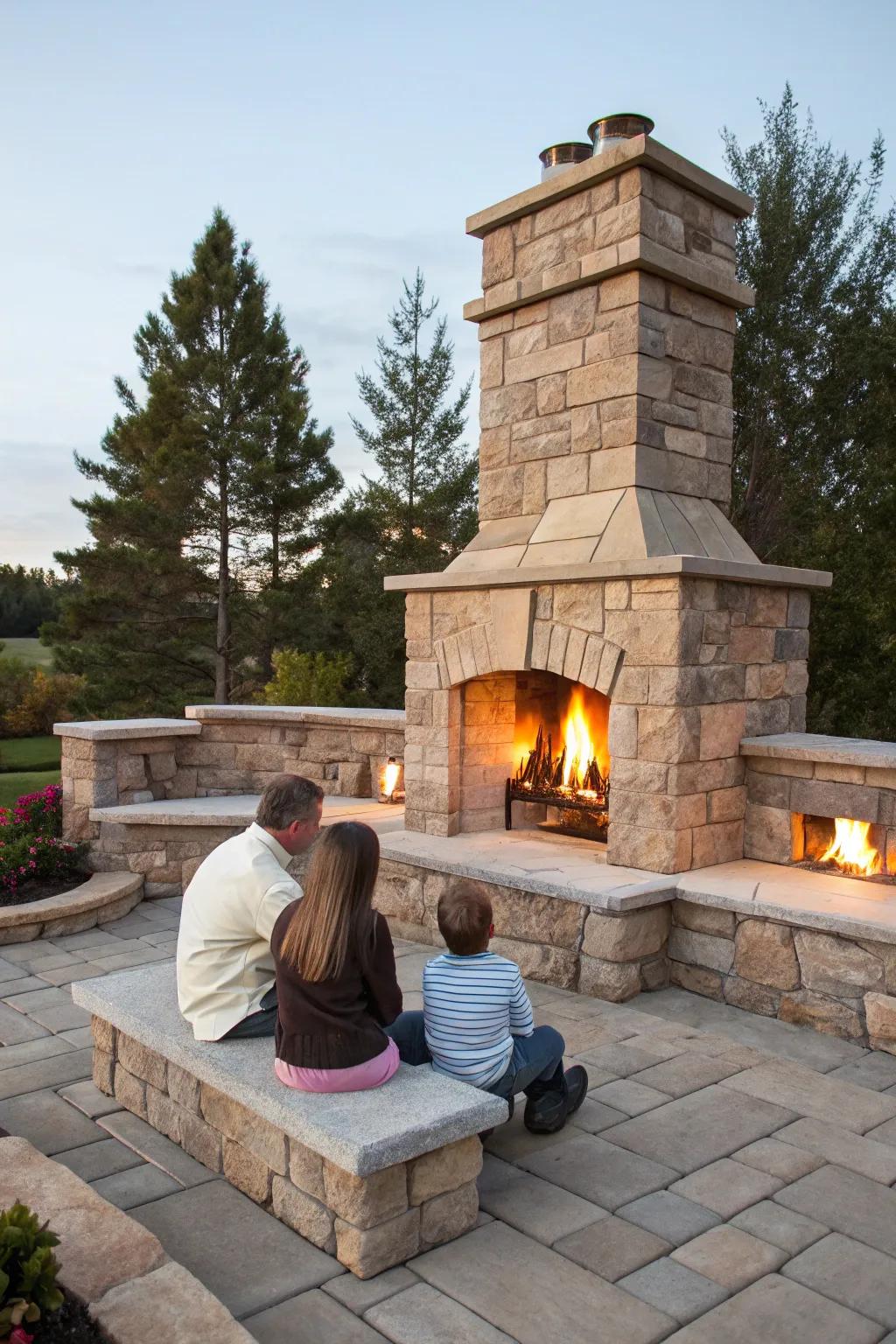 Built-in seating transforms a fireplace into a family hub.