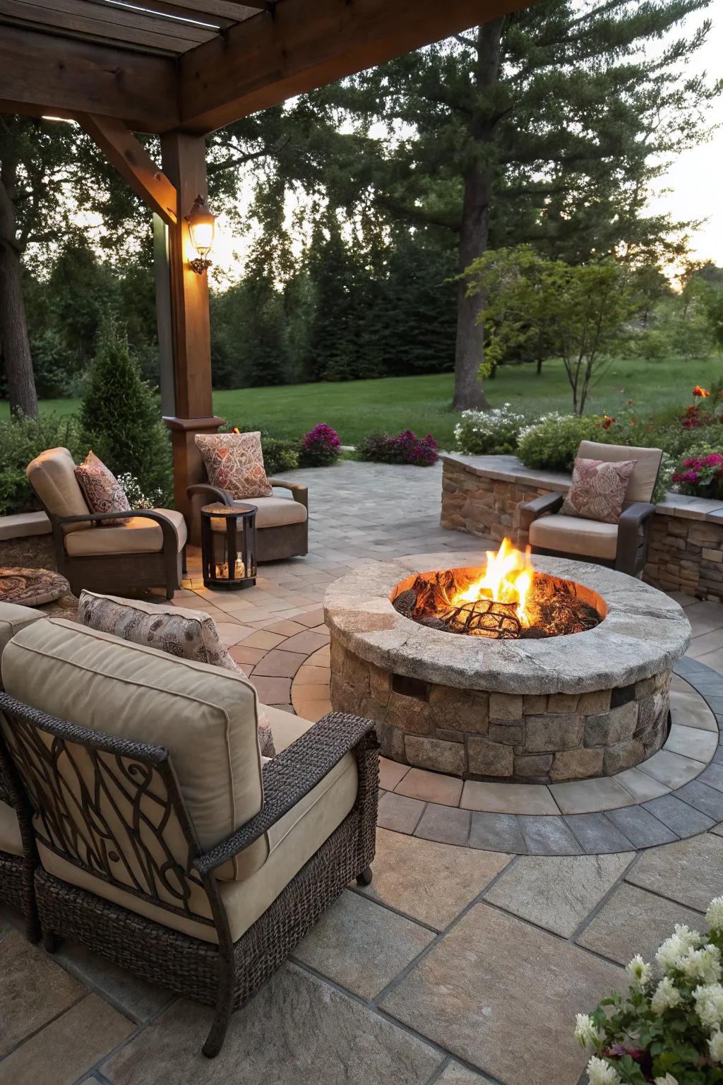 A stone patio focused around an inviting bonfire.