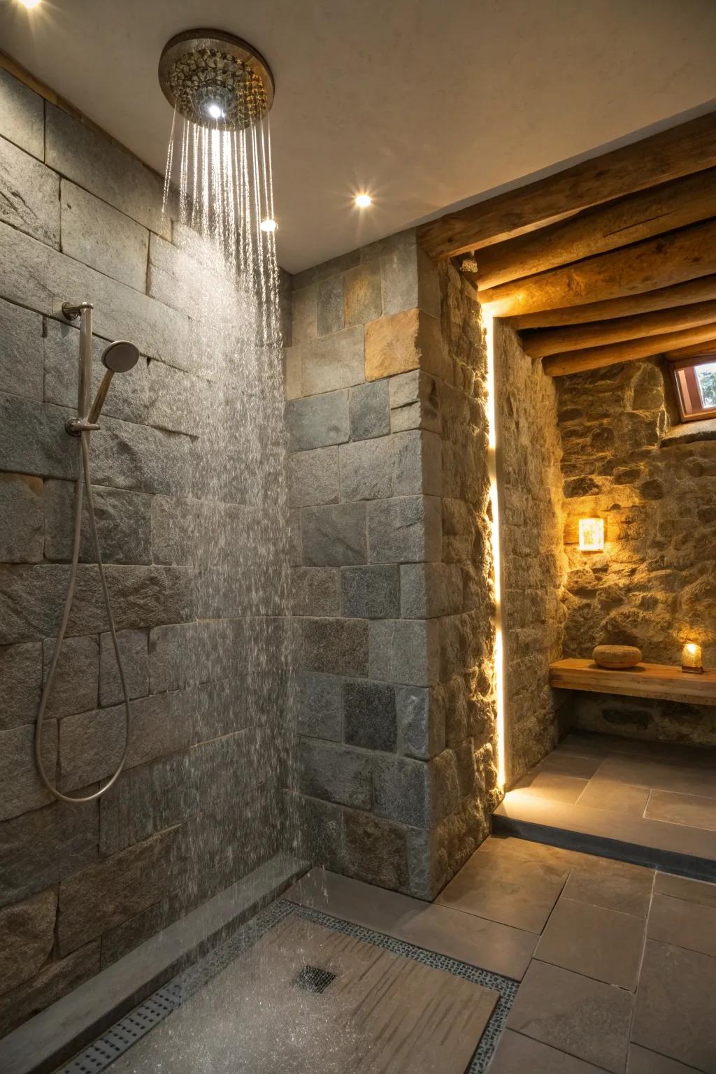 Indulge in the luxury of an overhead sprinkler shower in a stone setting.