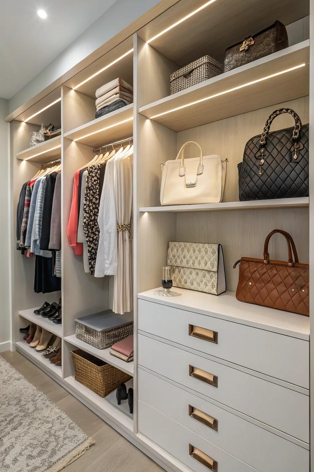 Closet with seamlessly integrated purse storage.