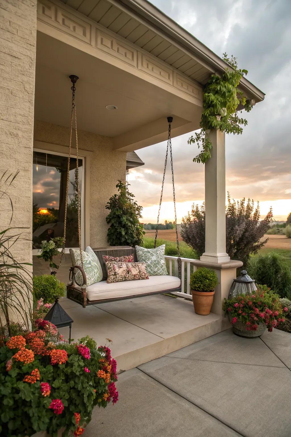 An inviting seating space on the porch, perfect for unwinding with a view.