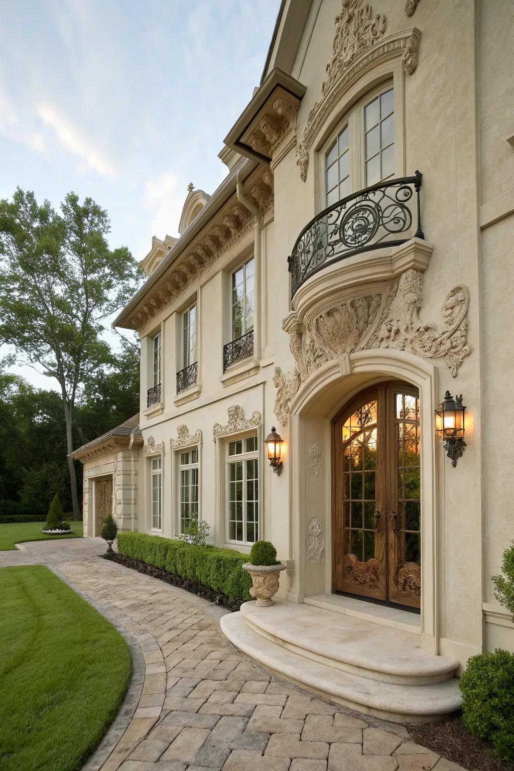 Elaborate ornaments introduce sophistication to this grand stucco home.