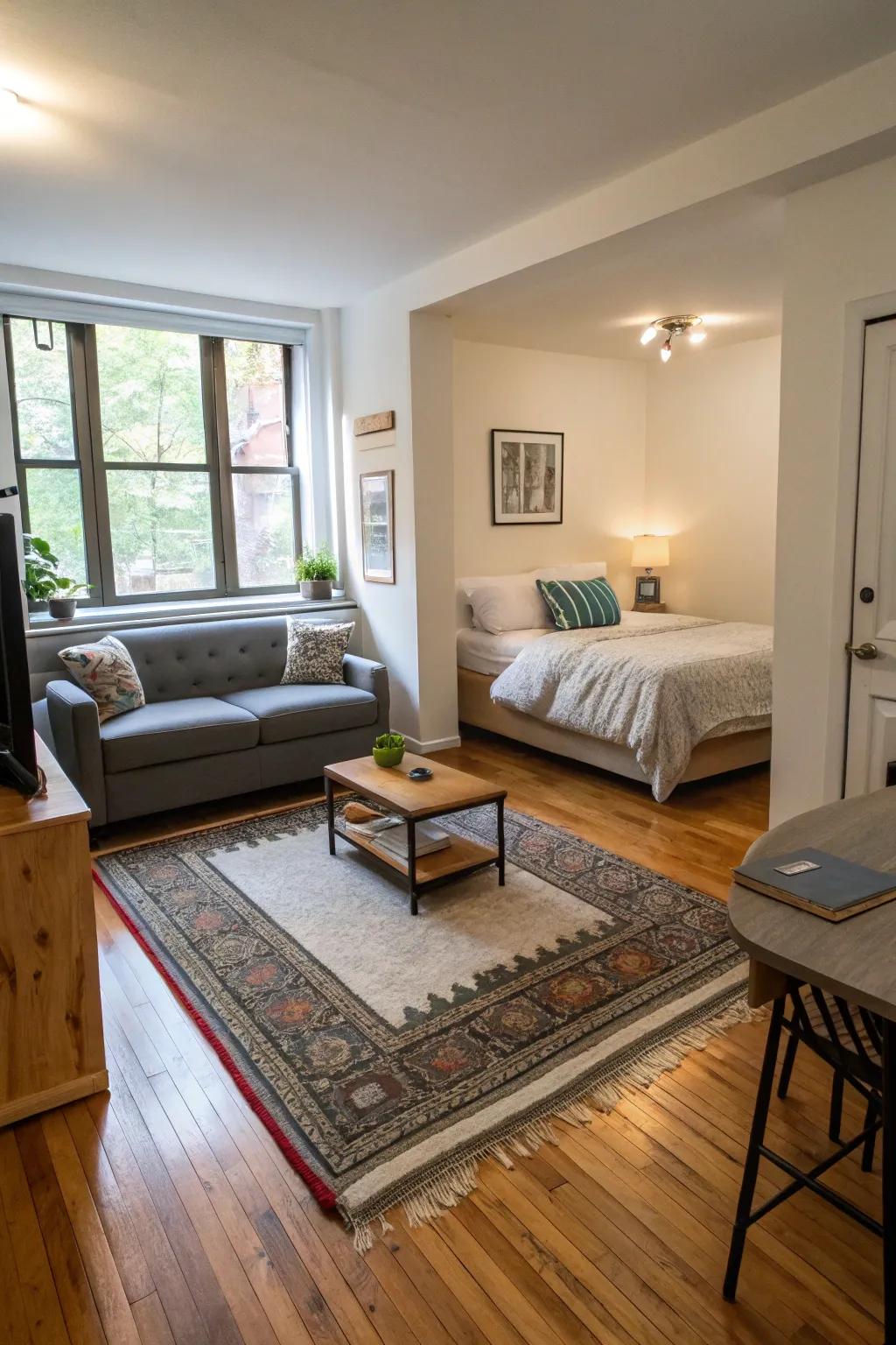 Floor coverings aid in distinguishing areas in a sprawling studio arrangement.