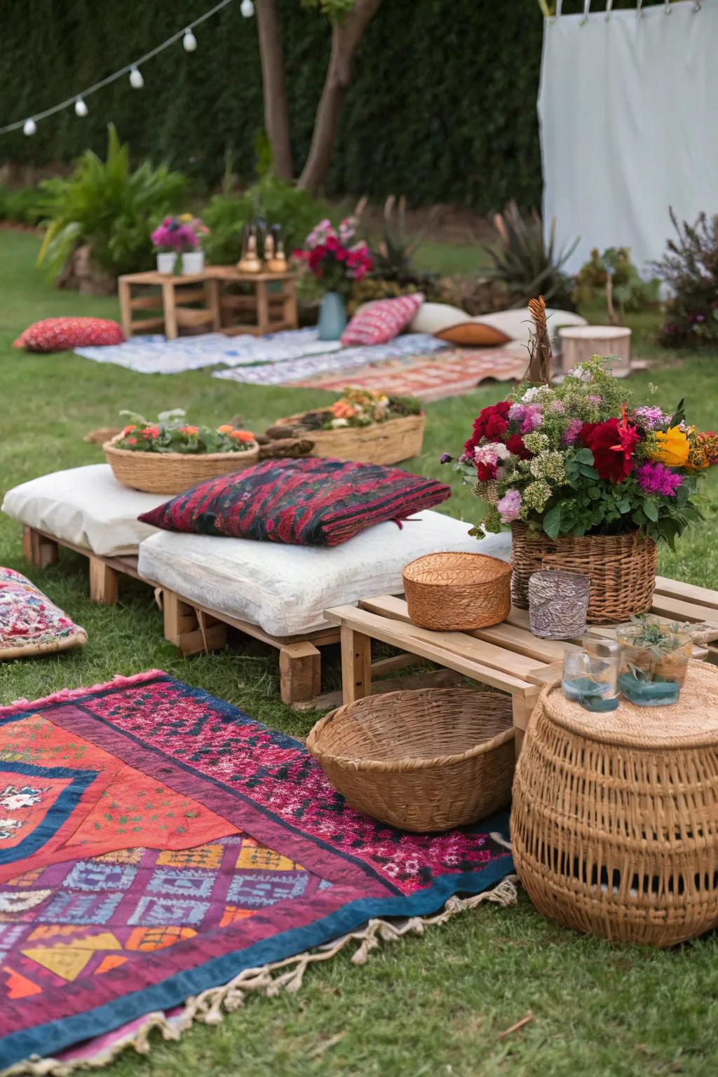 Unwind in unmatched style with a picnic arrangement inspired by bohemian aesthetics.