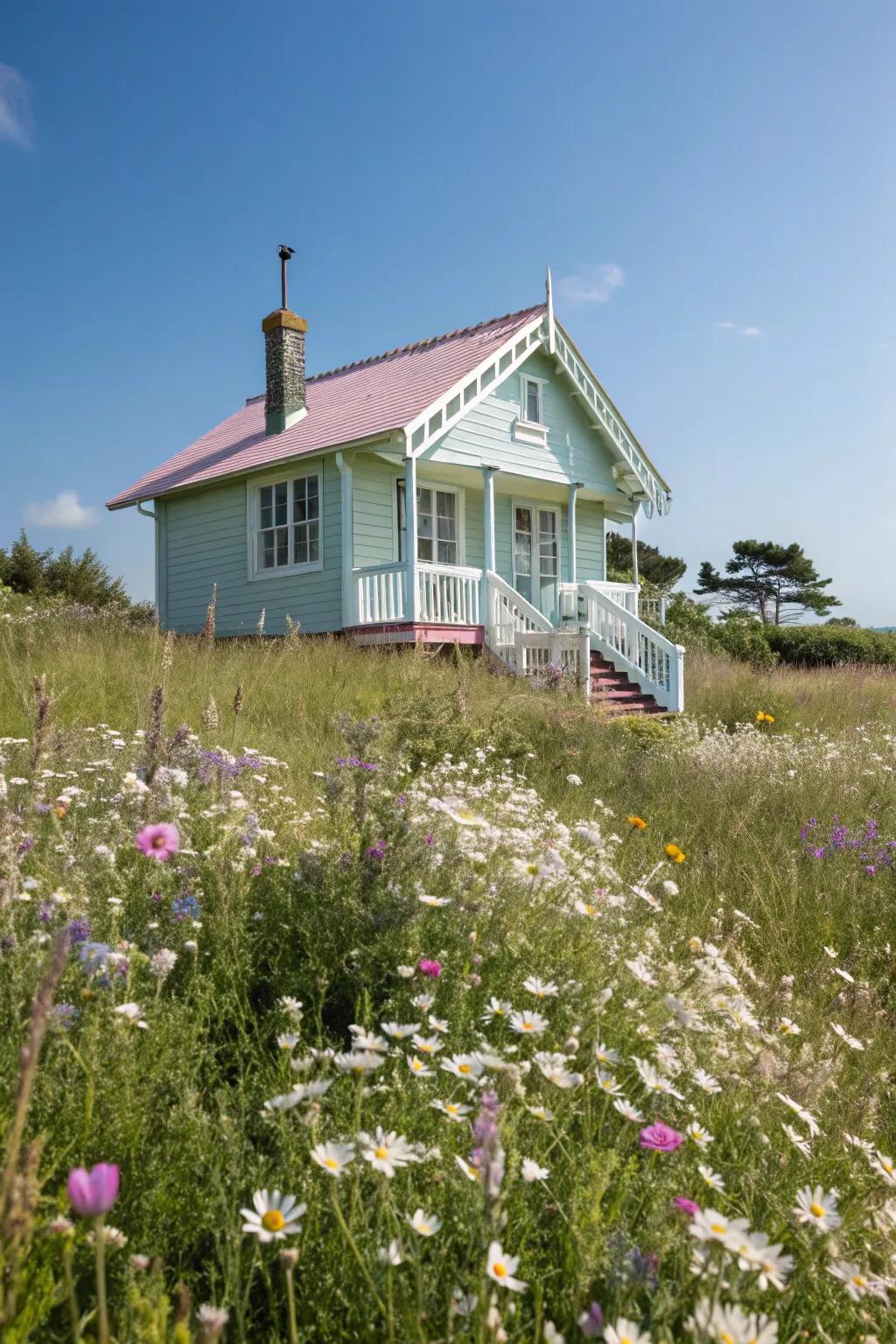 A peaceful summer house in gentle pastels, nestled amidst wildflowers.