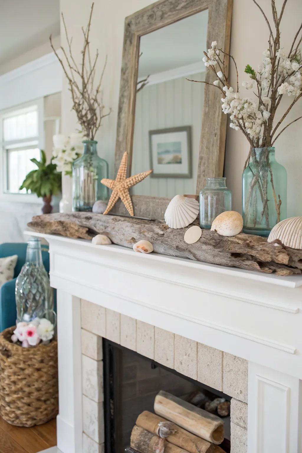 Capture a serene coastal atmosphere by displaying seashells and driftwood on your mantel.