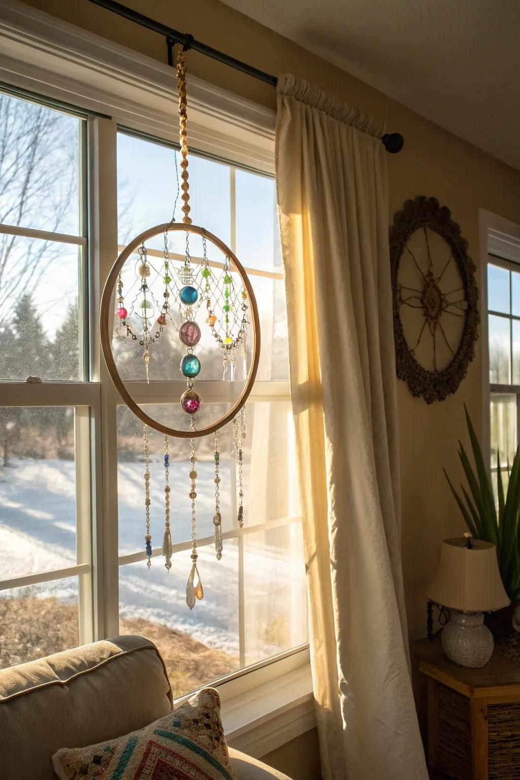 Bohemian charm is created with a sewing ring light catcher.
